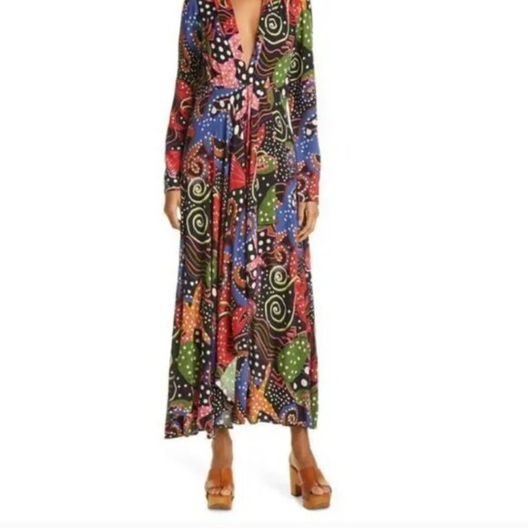 Farm Rio Anthropologie Under the Sea Long Sleeve V-Neck Plunge Maxi Dress - Picture 3 of 5